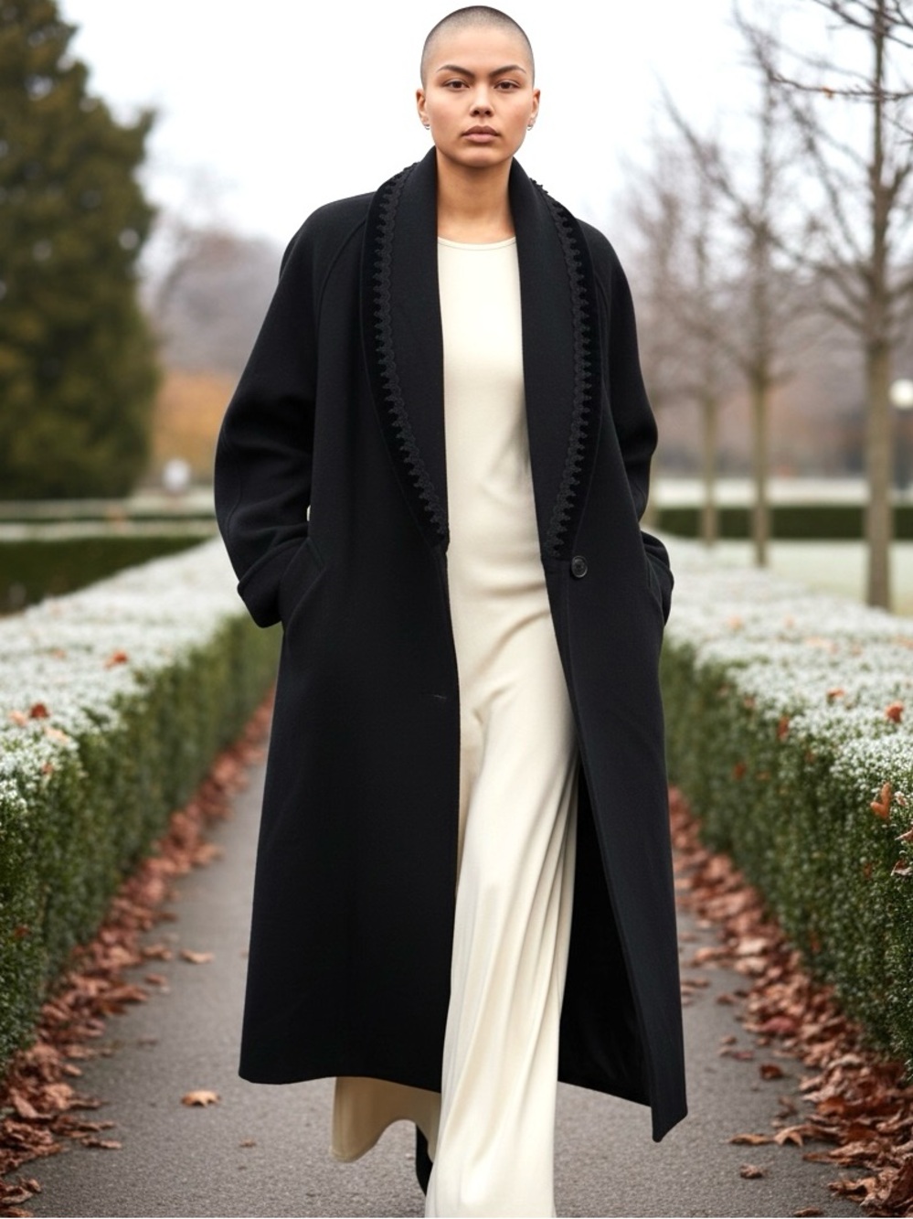 80s JOFELD WOOL BLACK DBL BREASTED MAXI COAT W VELVET TRIM SCALLOP SHAWL COLLAR